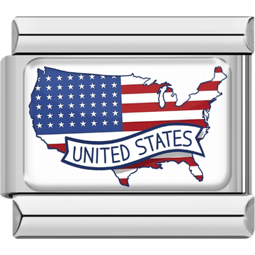 Silver-framed Italian charm showing the map of the United States decorated in the American flag design with a curved “United States” banner.